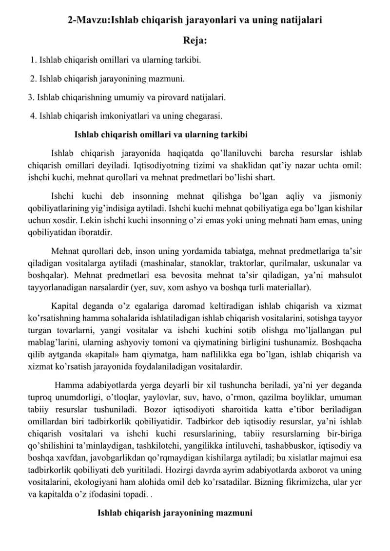 Ishlab chiqarish jarayonlari va uning natijalari 1