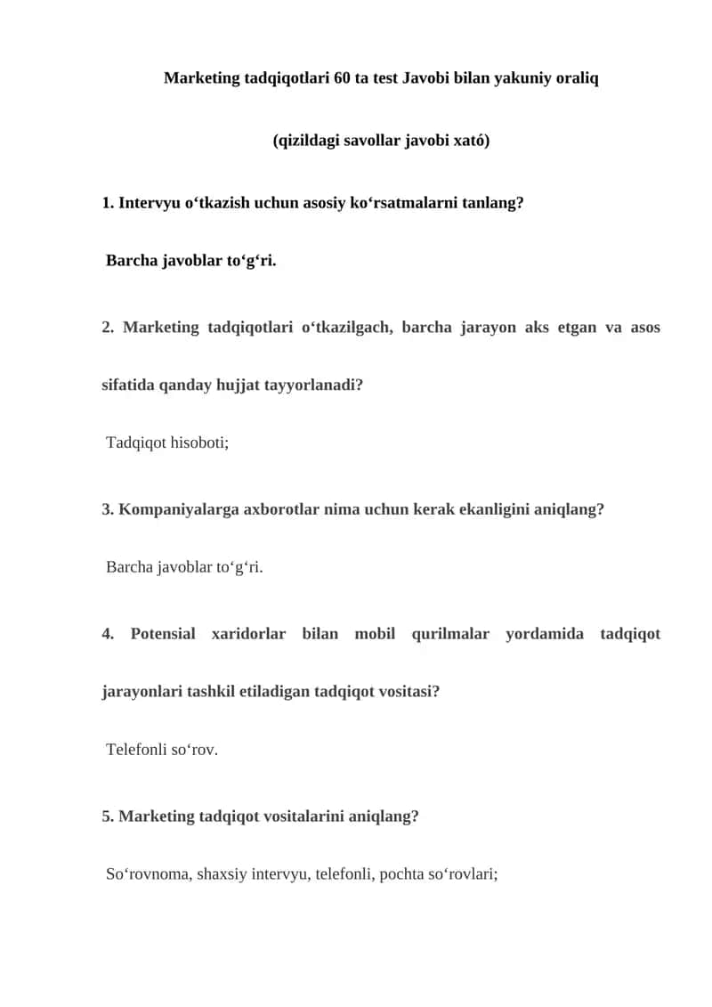Marketing tadqiqotlari 60 ta test Javobi bilan yakuniy oraliq 1