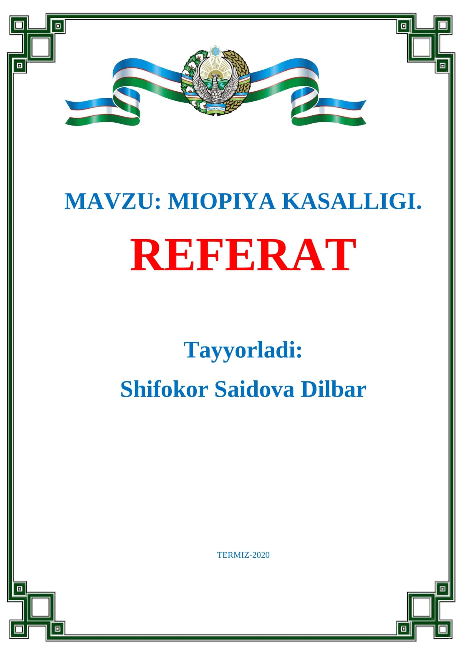 MIOPIYA KASALLIGI. REFERAT 1