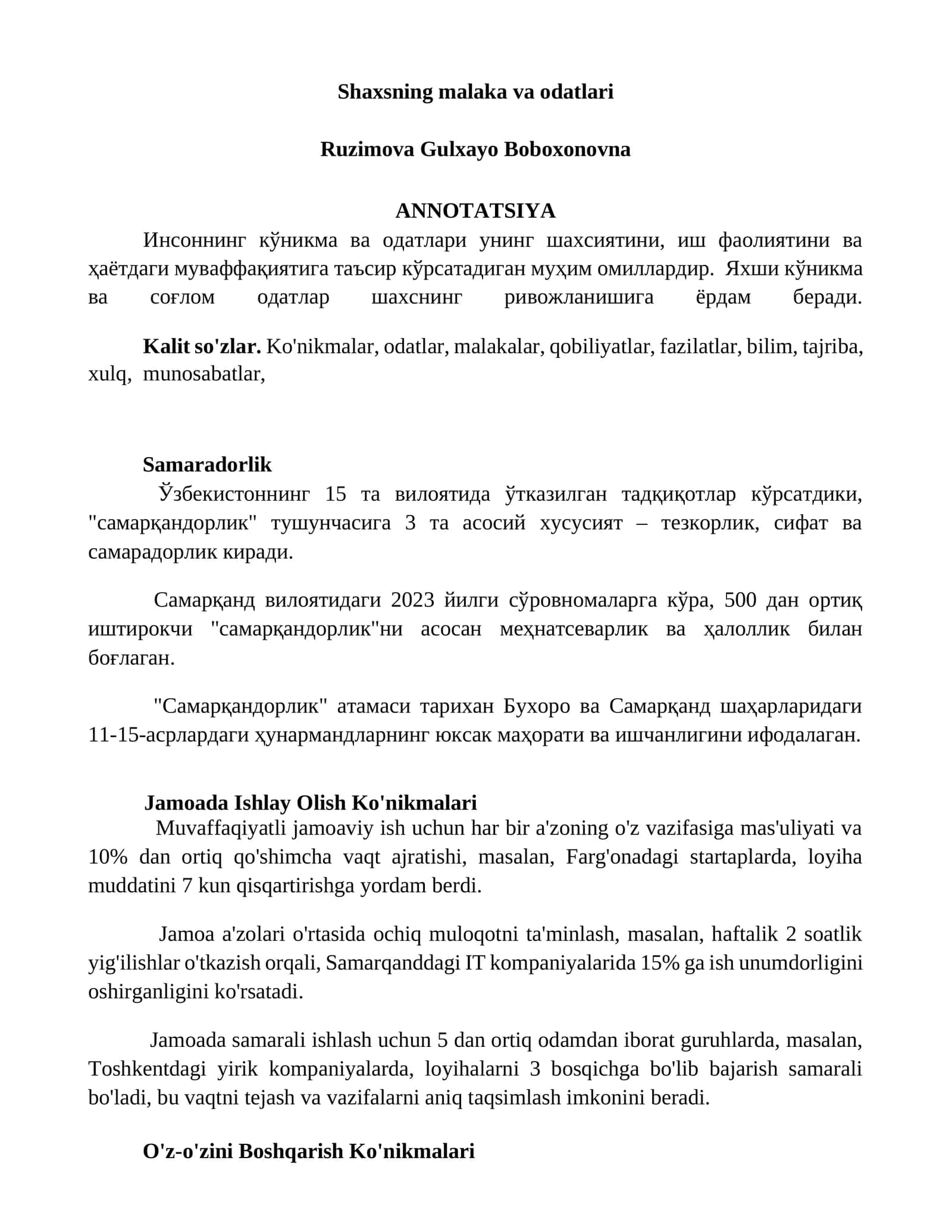 Shaxsning malaka va odatlari 1