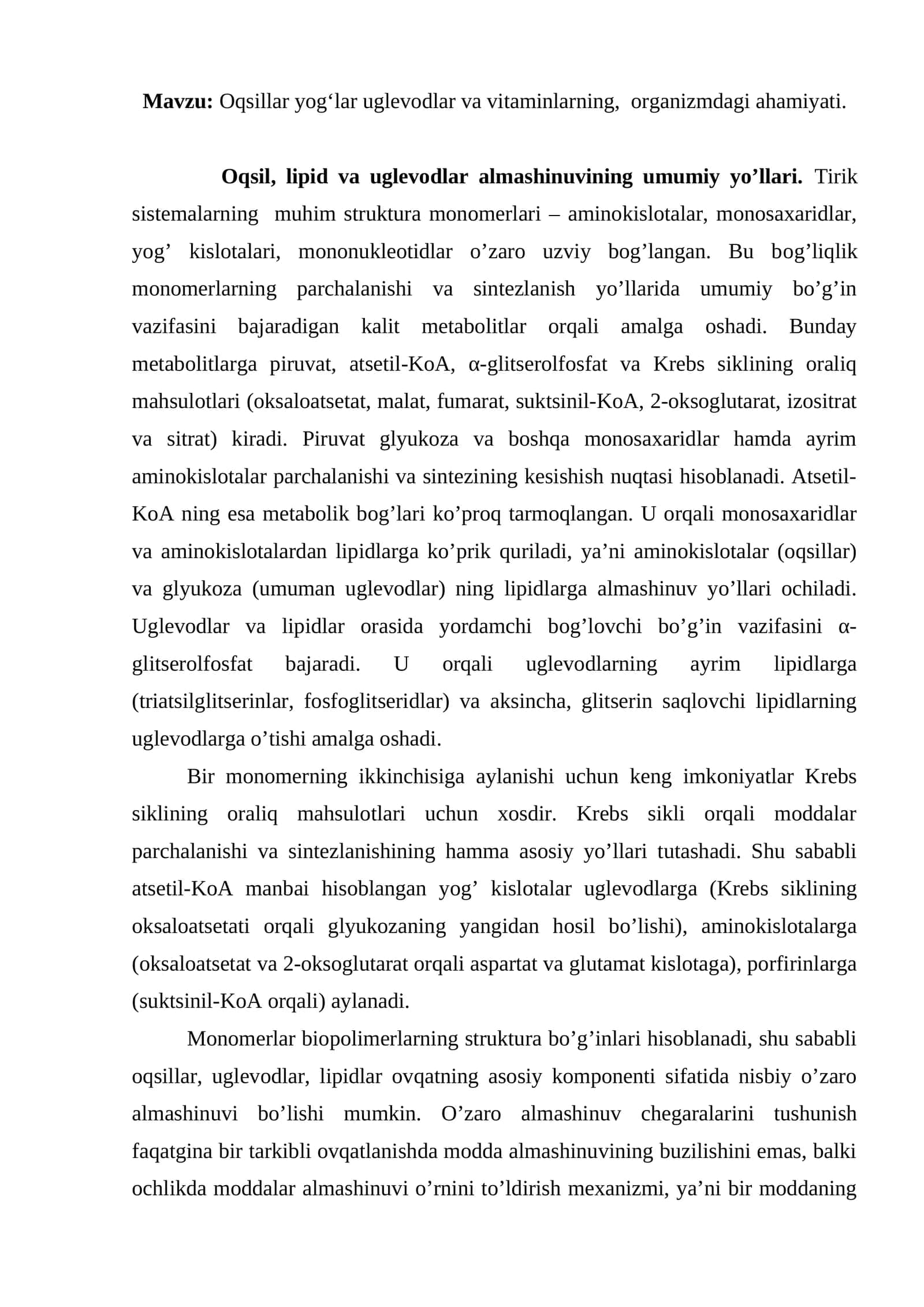 Oqsillar yog‘lar uglevodlar va vitaminlarning, organizmdagi ahamiyati 1