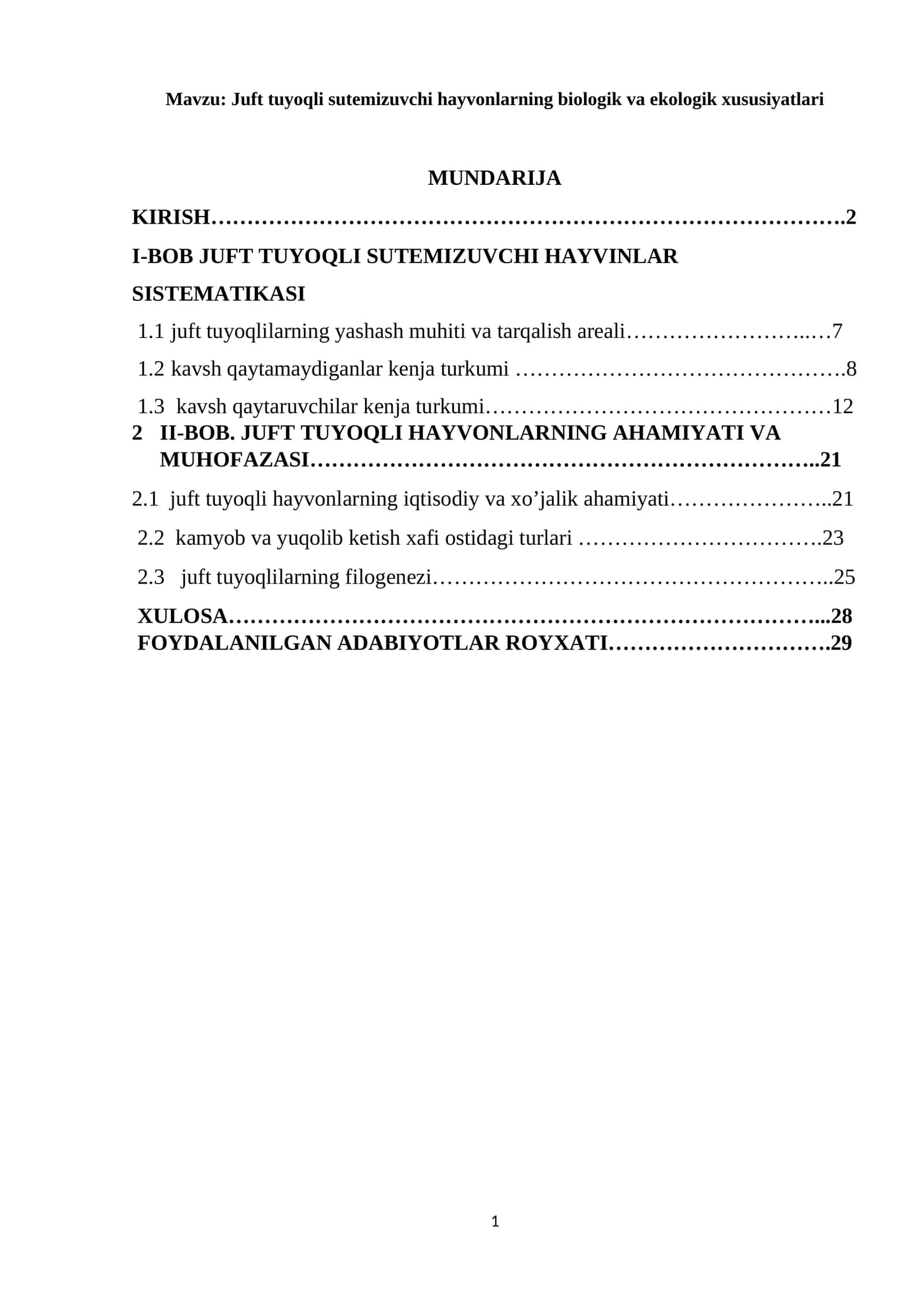 Juft tuyoqli sutemizuvchi hayvonlarning biologik va ekologik xususiyatlari 1