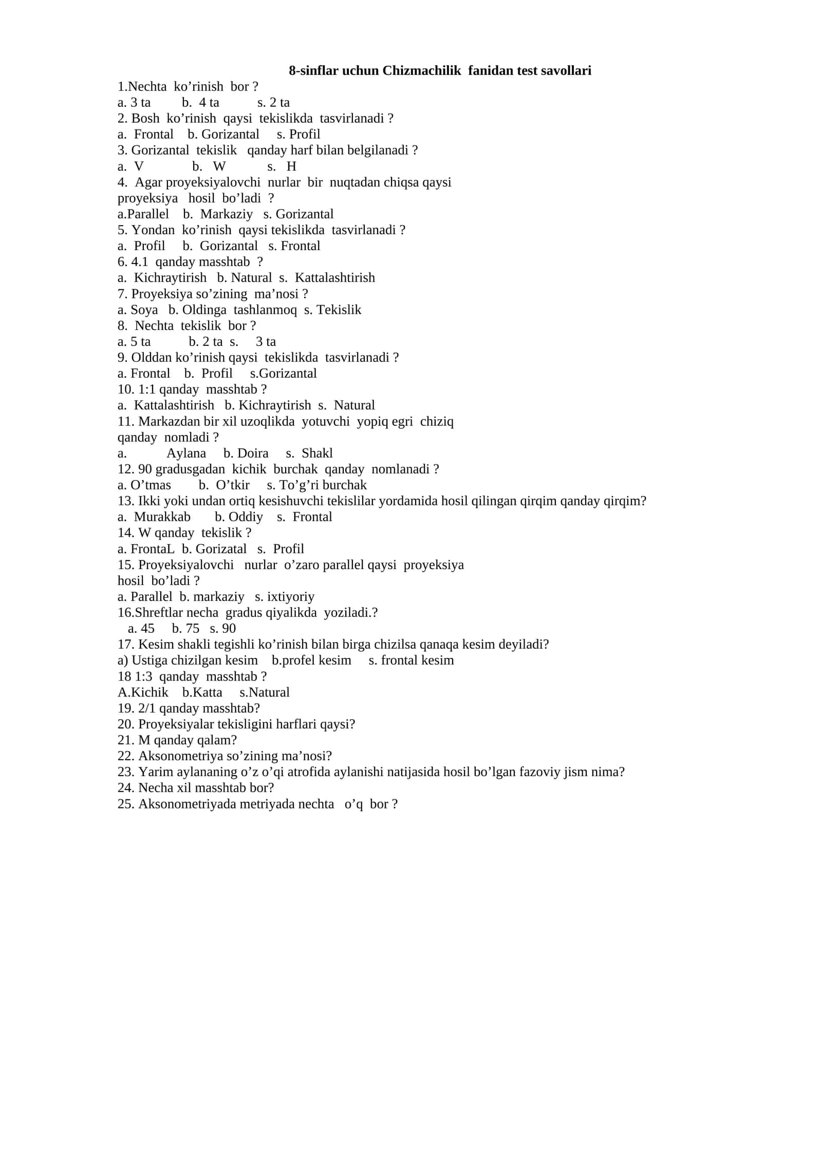 8-sinflar uchun Chizmachilik fanidan test savollari 1