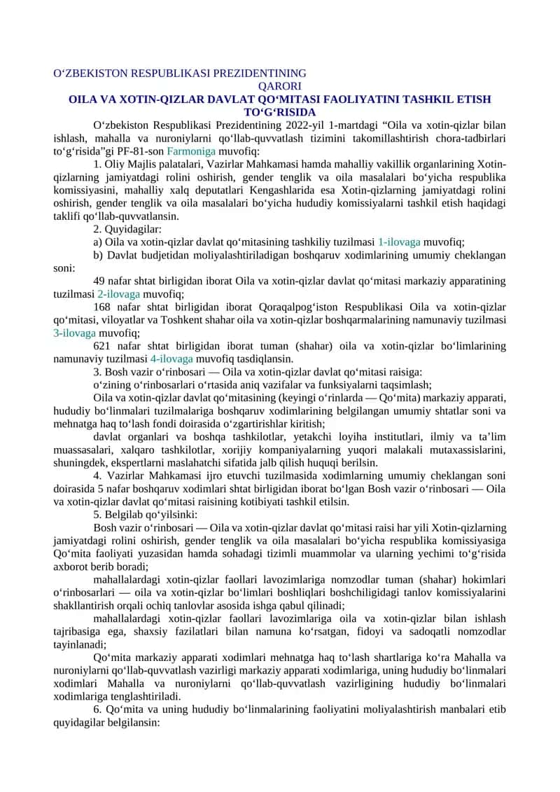 OILA VA XOTIN-QIZLAR DAVLAT QO‘MITASI FAOLIYATINI TASHKIL ETISH TO‘G‘RISIDA 1