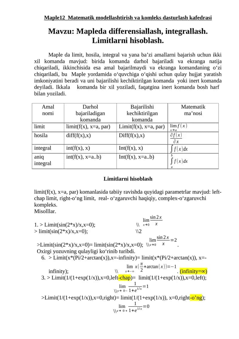 Maple12 Matematik modellashtirish va komleks dasturlash kafedrasi 1