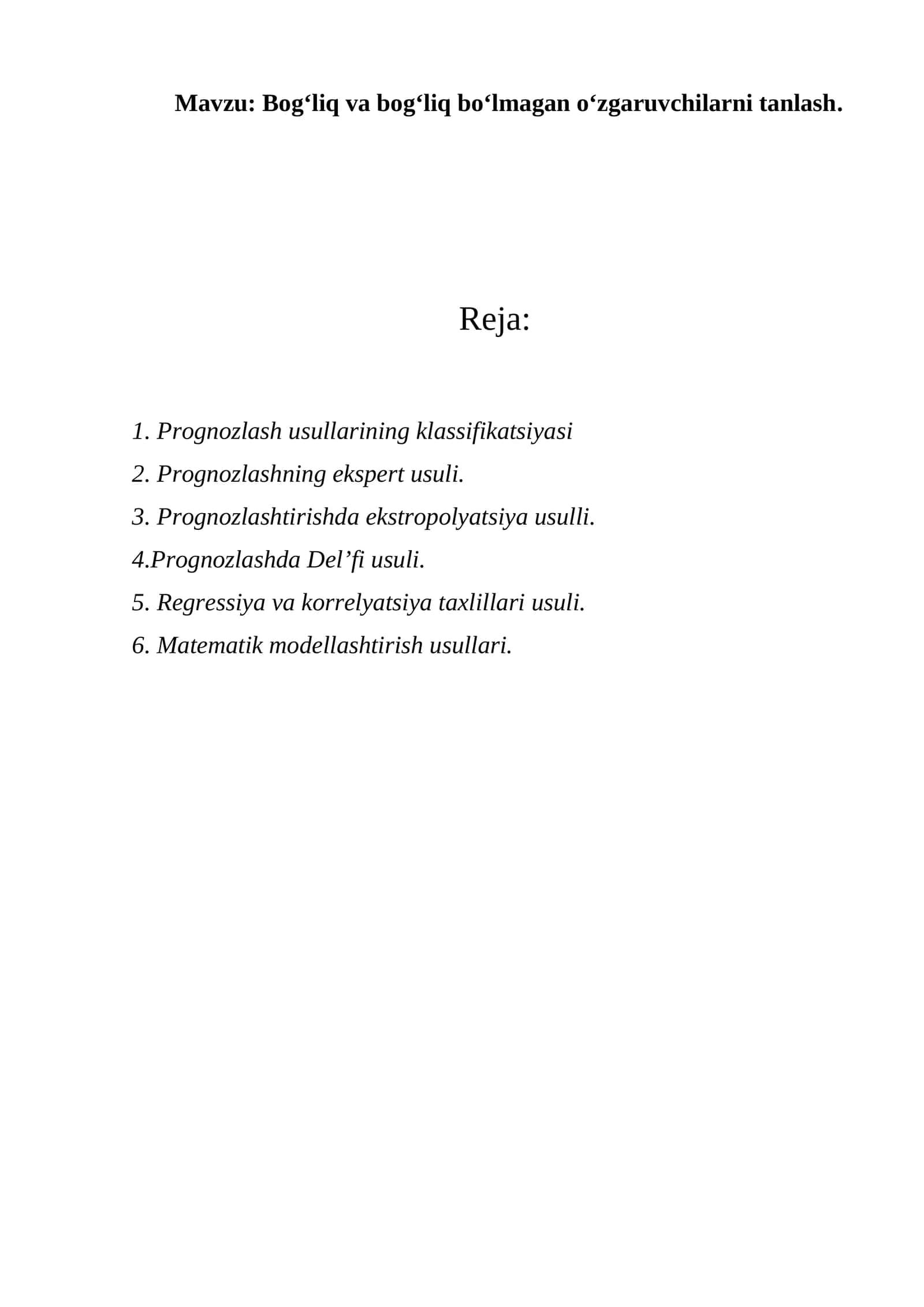 Prognozlash usullarining klassifikatsiyasi 1