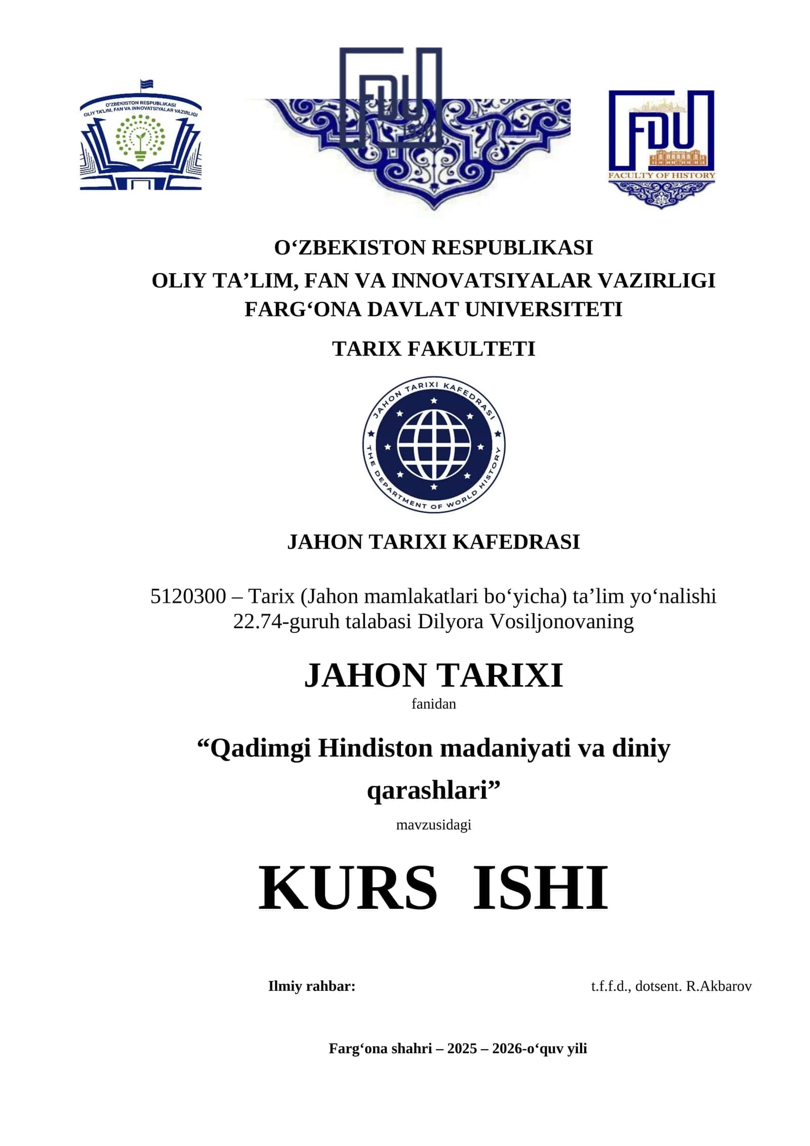"Qadimgi Hindiston madaniyati va diniy qarashlari" kurs ishi 1
