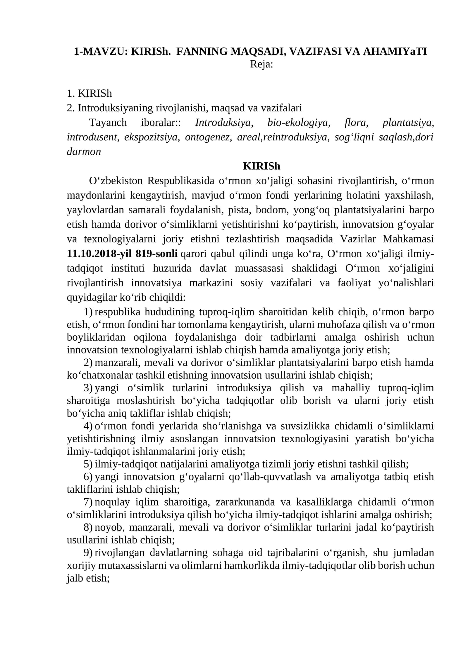 KIRISh. FANNING MAQSADI, VAZIFASI VA AHAMIYaTI 1
