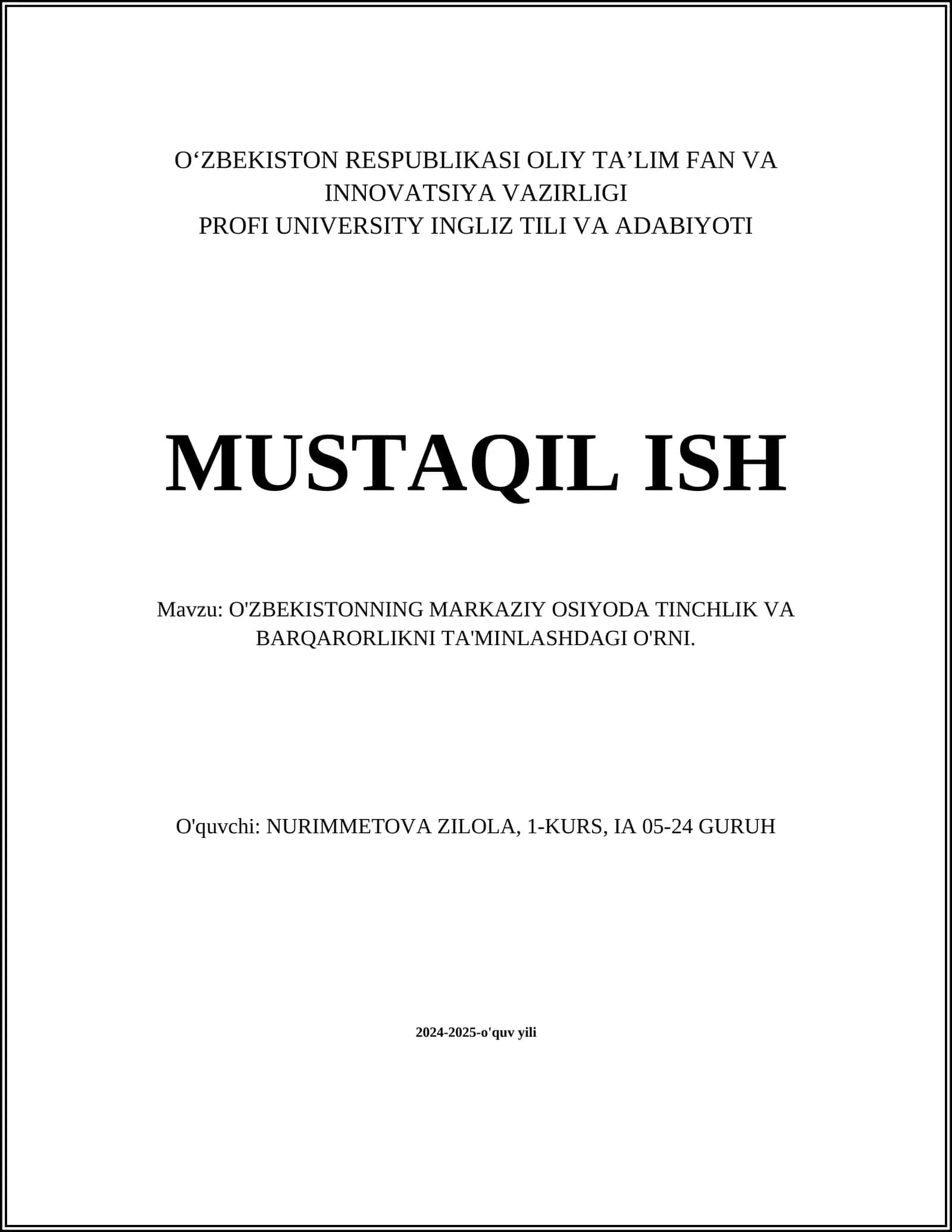 O'ZBEKISTONNING MARKAZIY OSIYODA TINCHLIK VA BARQARORLIKNI TA'MINLASHDAGI O'RNI 1