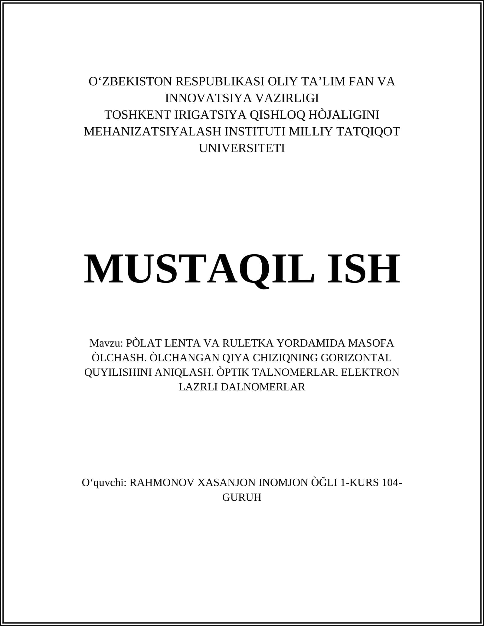 PÒLAT LENTA VA RULETKA YORDAMIDA MASOFA ÒLCHASH 1