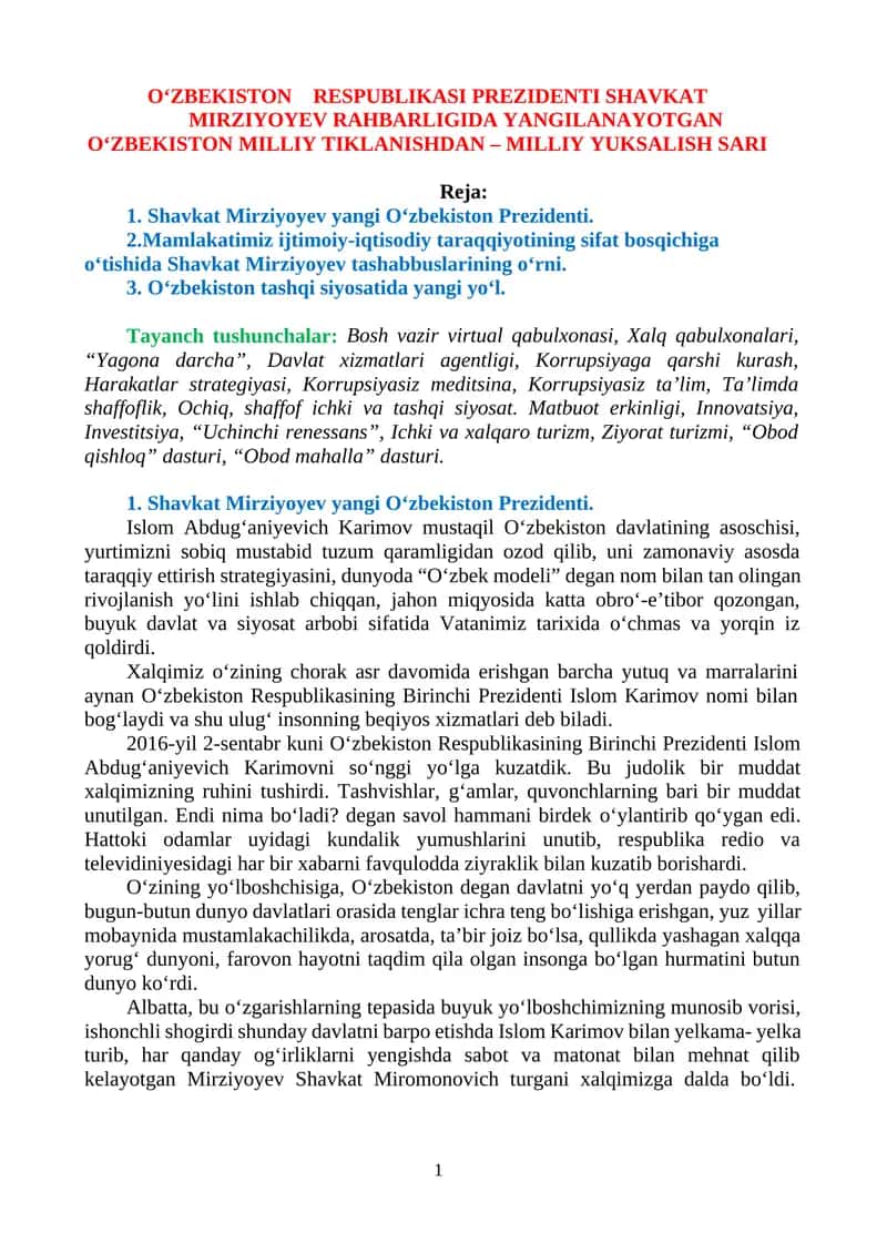 O‘ZBEKISTON RESPUBLIKASI PREZIDENTI SHAVKAT MIRZIYOYEV RAHBARLIGIDA 1