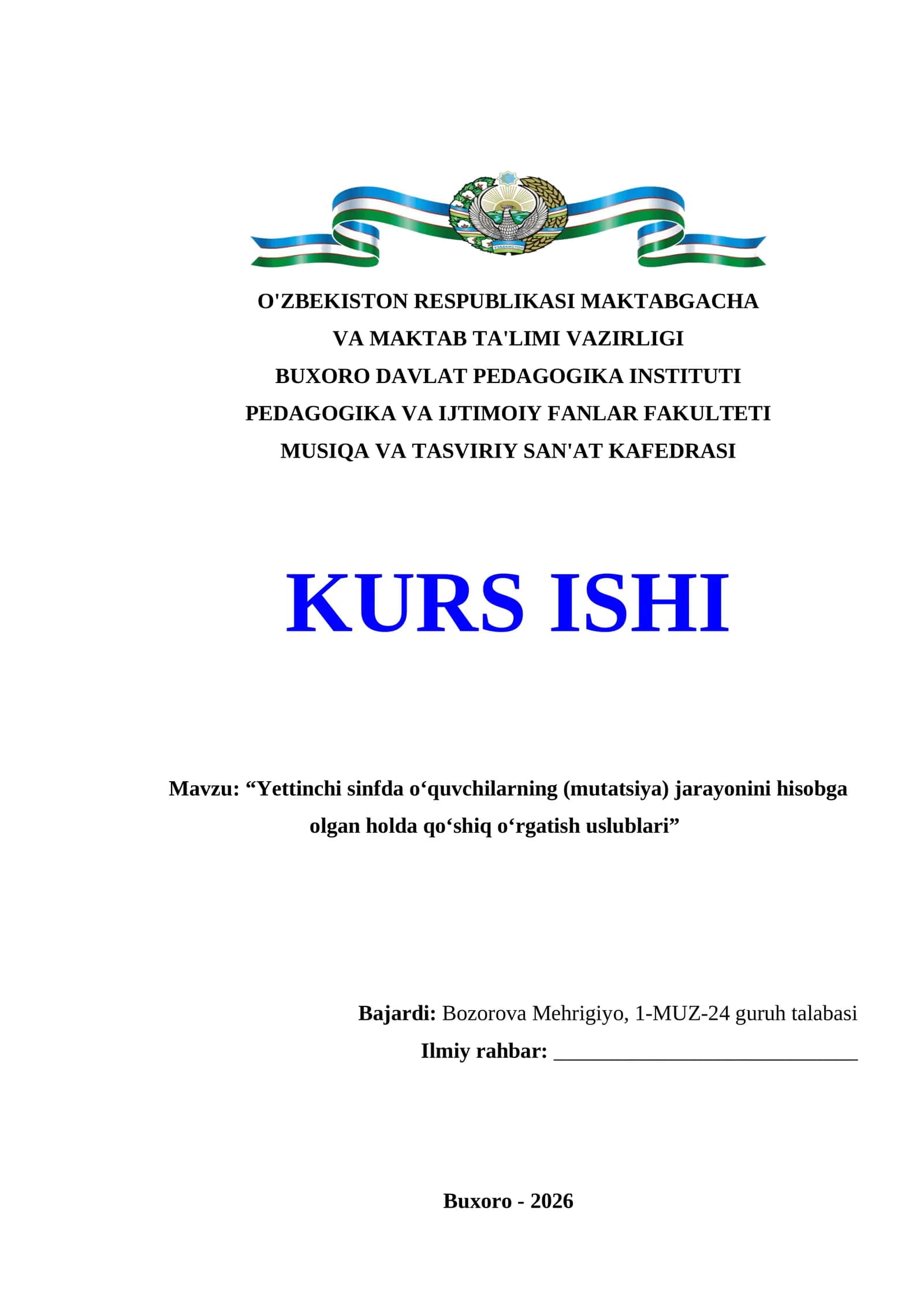 Yettinchi sinfda o‘quvchilarning (mutatsiya) jarayonini hisobga olgan holda qo‘shiq o‘rgatish uslublari 1
