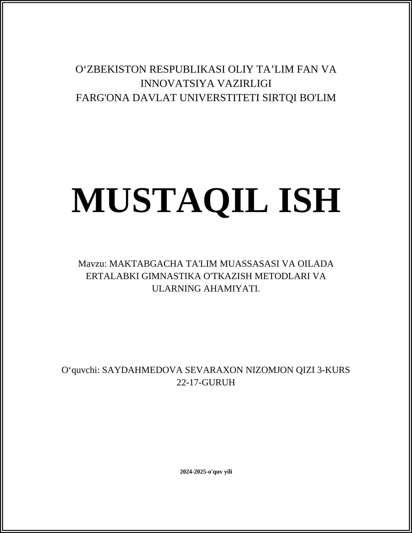 MAKTABGACHA TA'LIM MUASSASASI VA OILADA ERTALABKI GIMNASTIKA O'TKAZISH METODLARI VA ULARNING AHAMIYATI 1