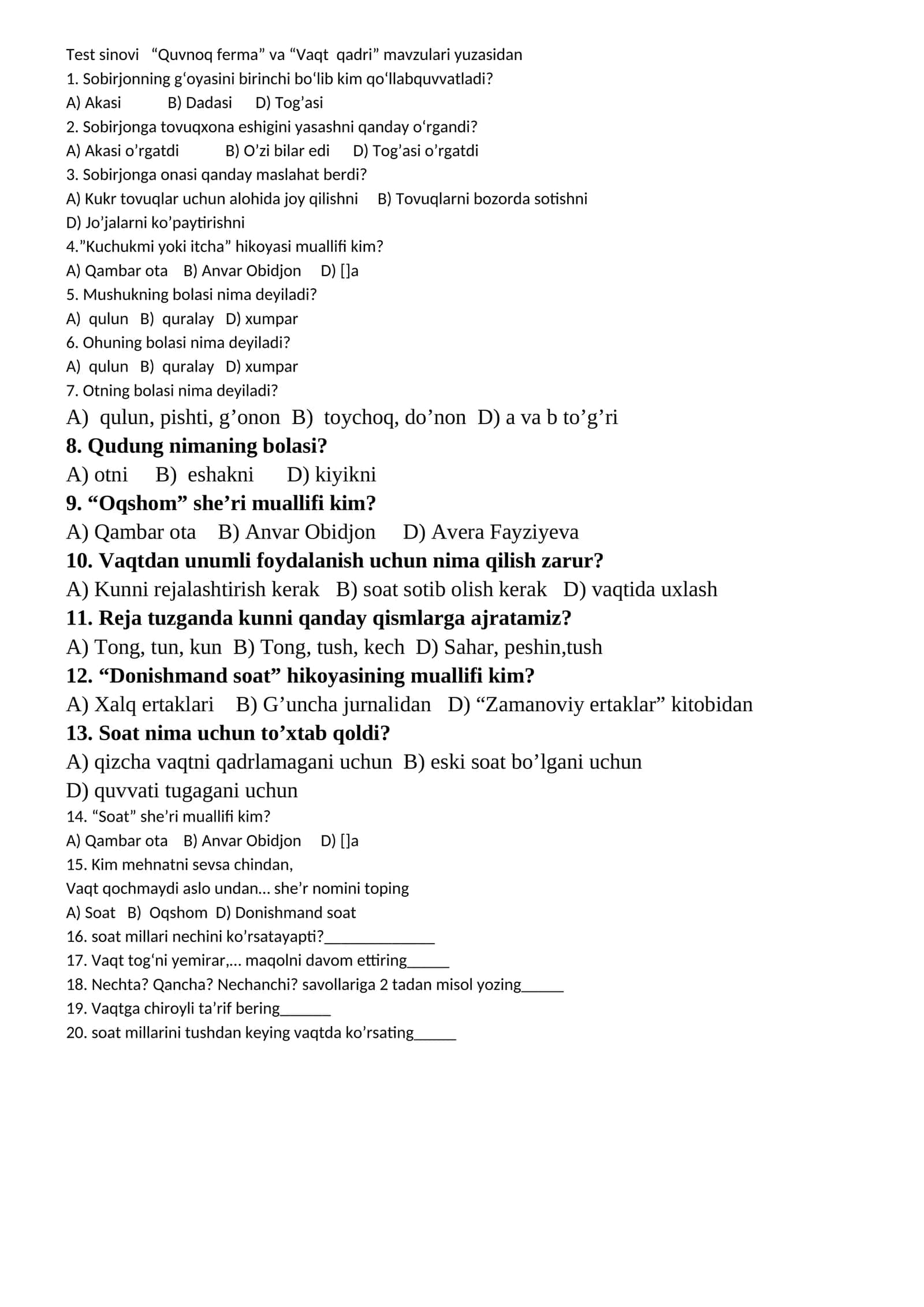 Test sinovi “Quvnoq ferma” va “Vaqt qadri” mavzulari yuzasidan 1
