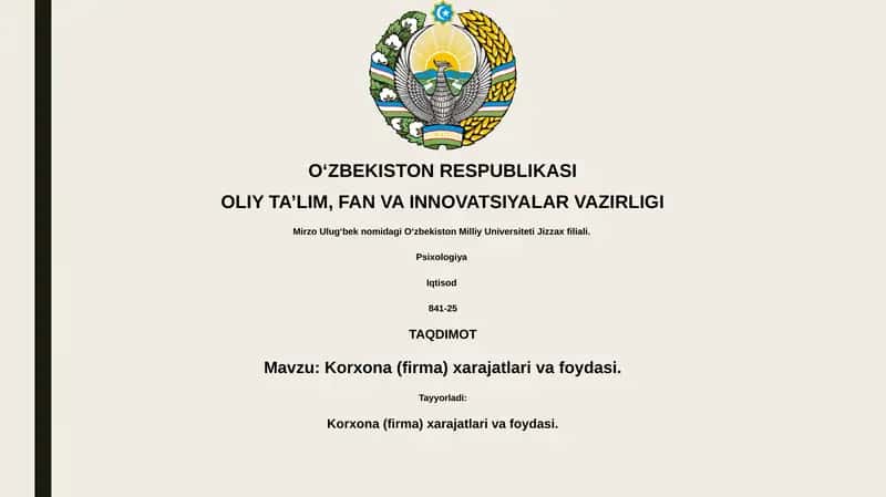 Korxona (firma) xarajatlari va foydasi 1