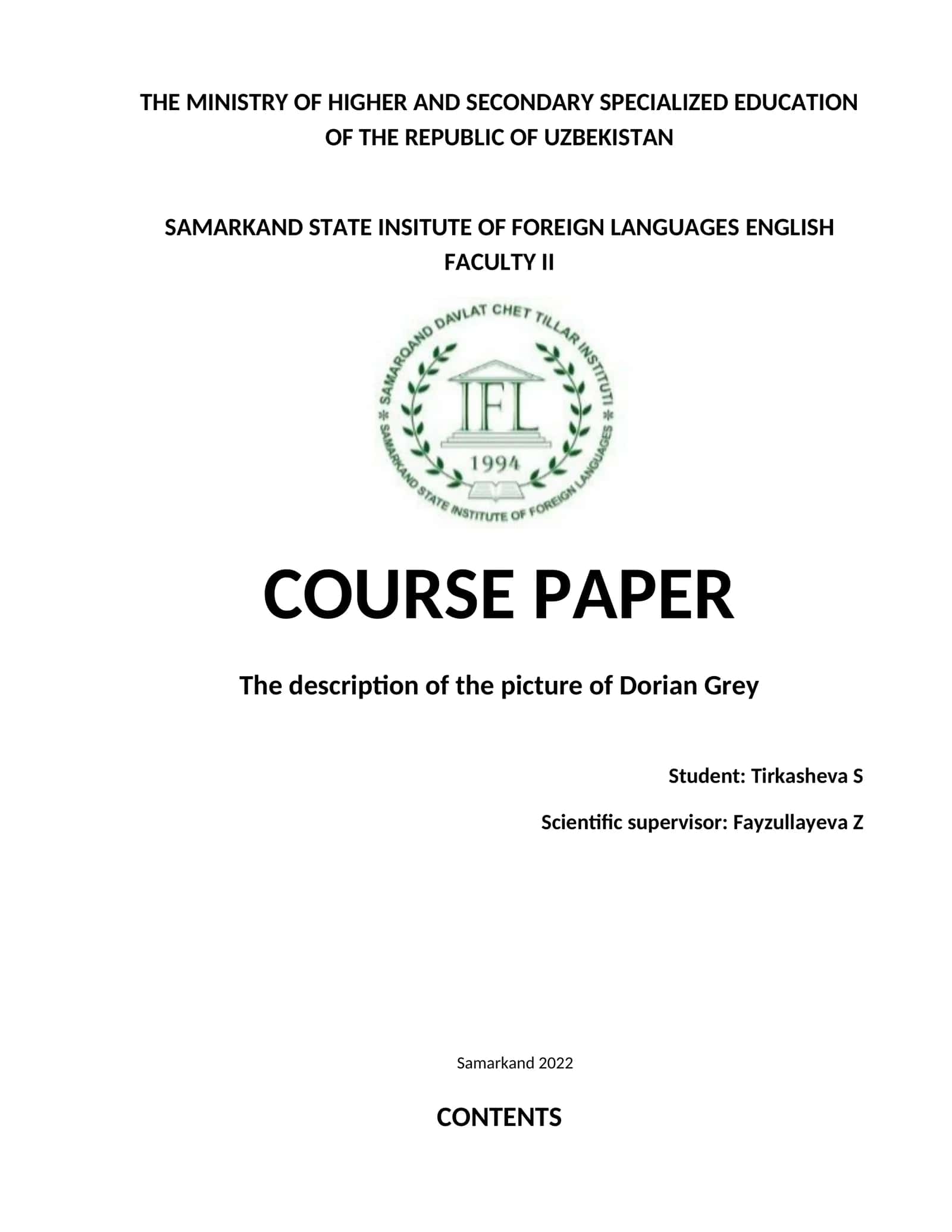 The Picture of Dorian Gray Course Paper 1