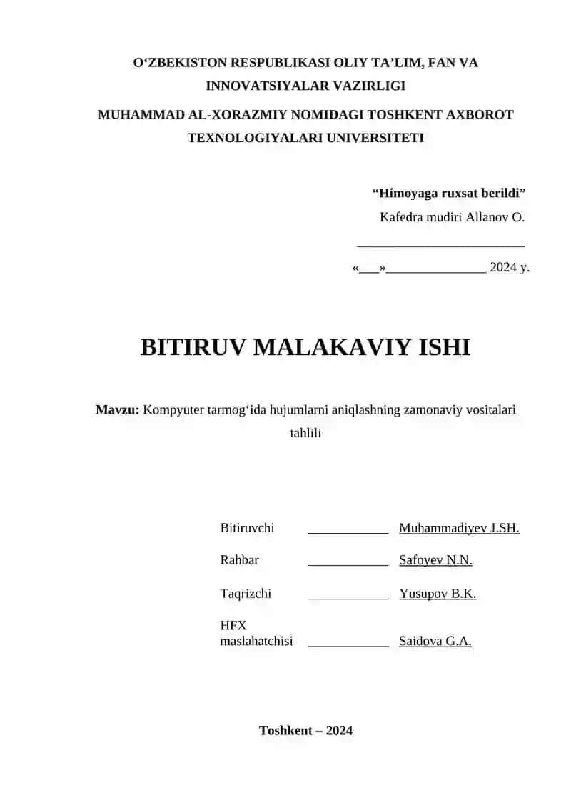 Kompyuter tarmog‘ida hujumlarni aniqlashning zamonaviy vositalari tahlili