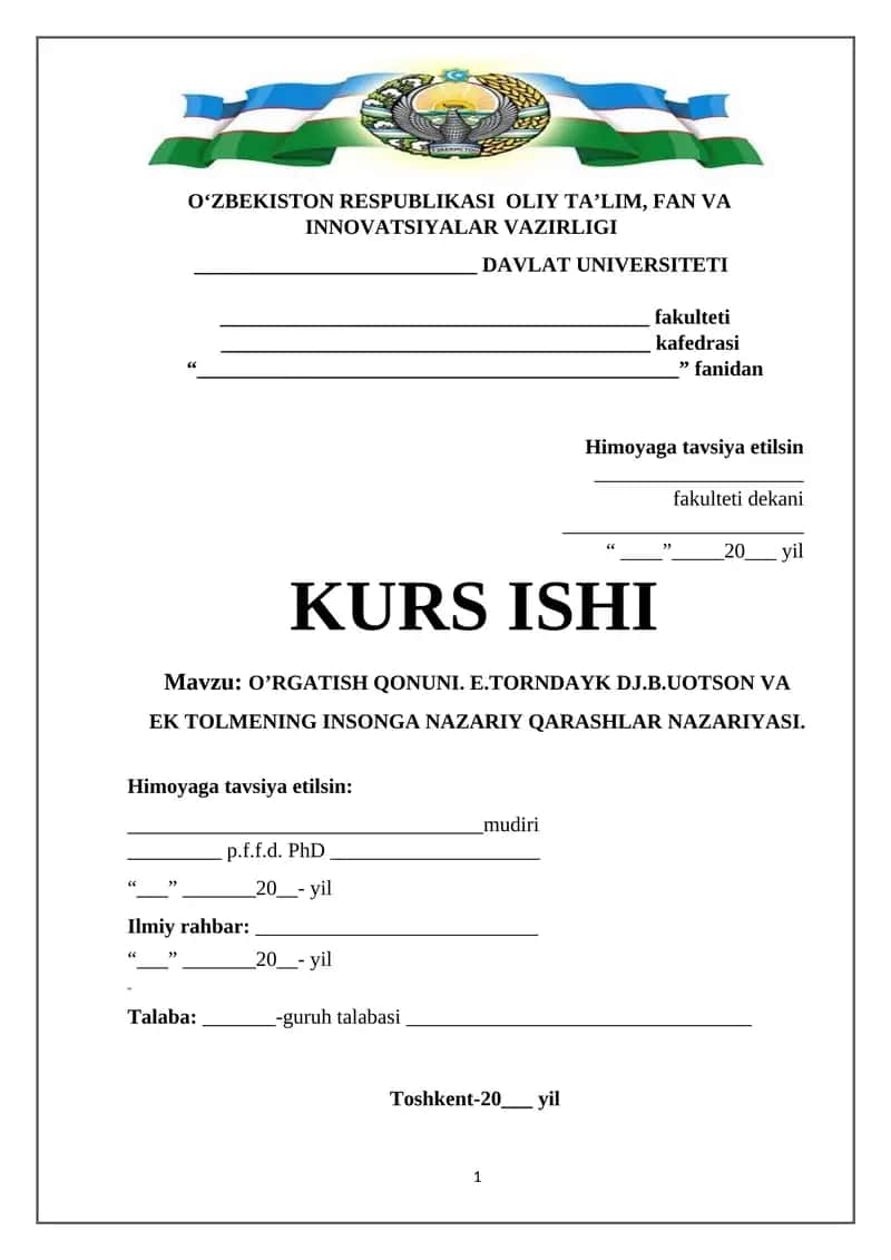 O’RGATISH QONUNI. E.TORNDAYK DJ.B.UOTSON VA  EK TOLMENING INSONGA NAZARIY QARASHLAR NAZARIYASI. 1