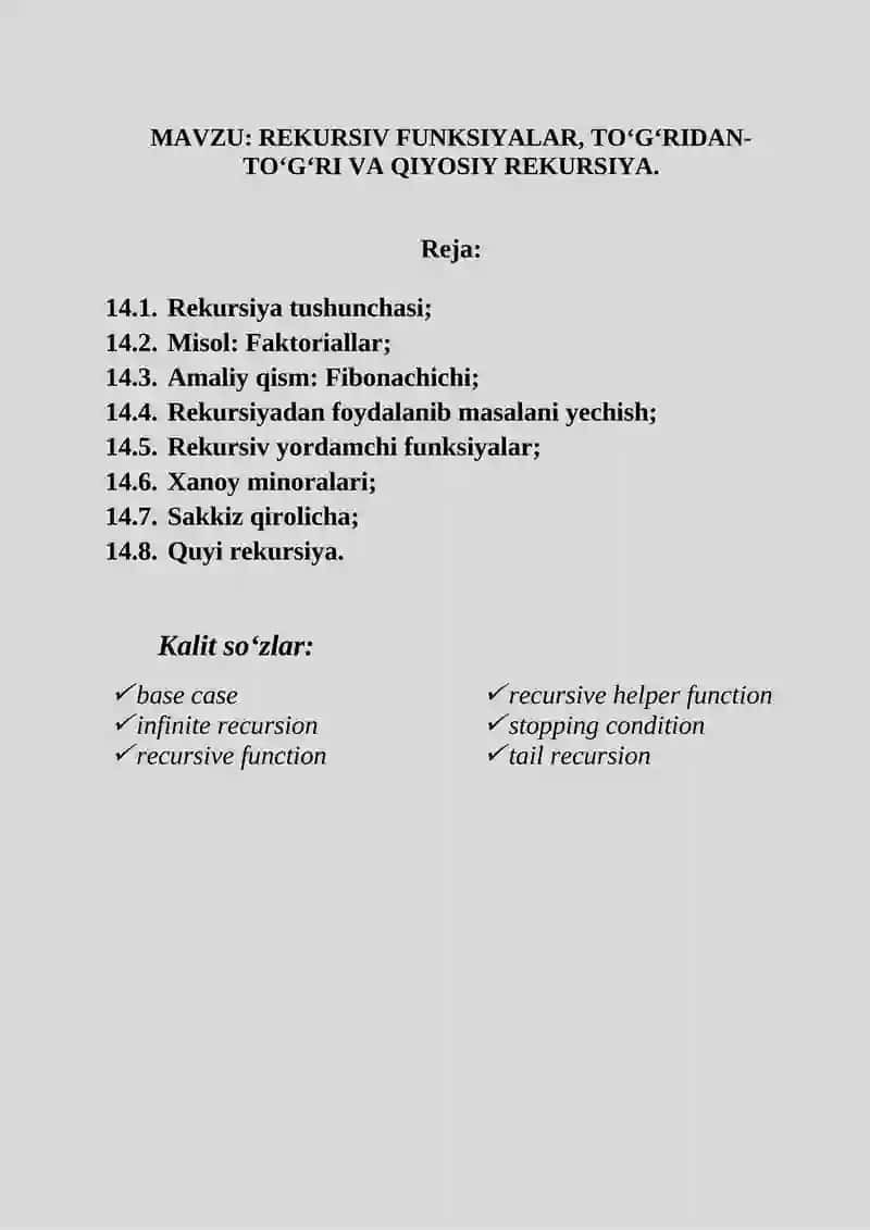 REKURSIV FUNKSIYALAR, TO‘G‘RIDAN-TO‘G‘RI VA QIYOSIY REKURSIYA.