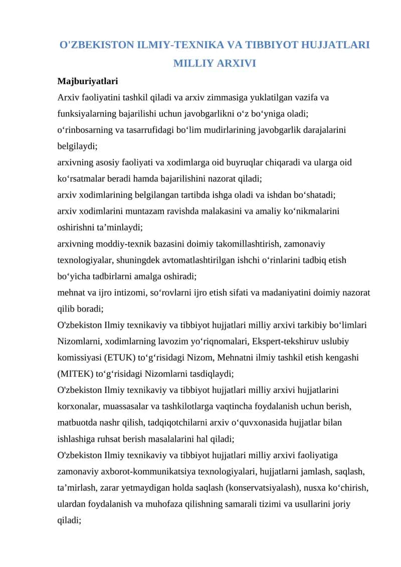 O'ZBEKISTON ILMIY-TEXNIKA VA TIBBIYOT HUJJATLARI MILLIY ARXIVI 1