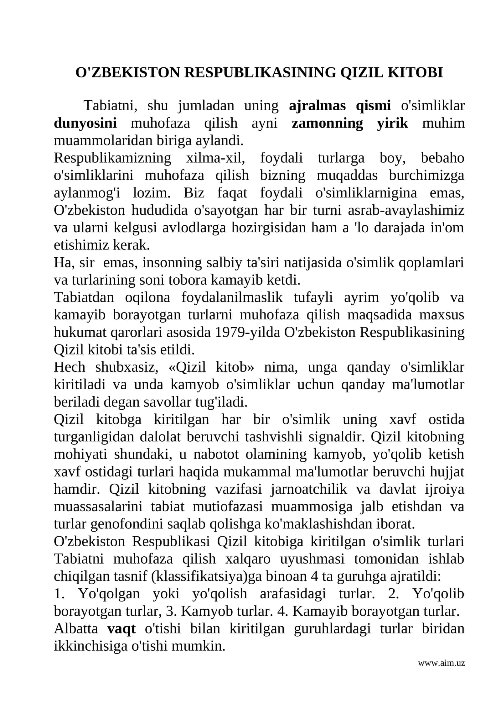 O'ZBEKISTON RESPUBLIKASINING QIZIL KITOBI 1