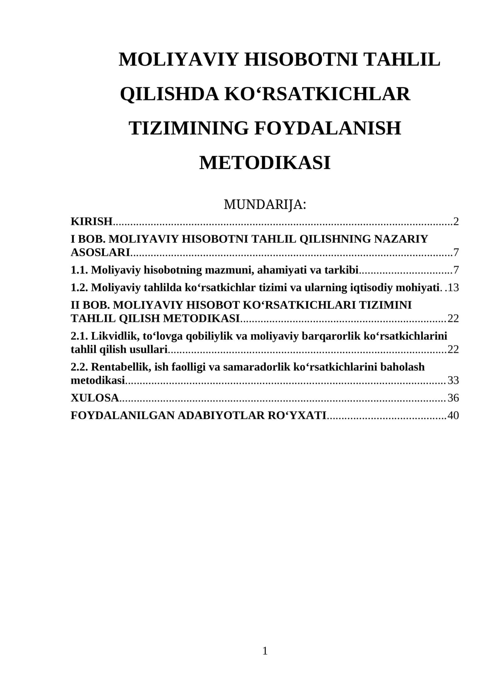 MOLIYAVIY HISOBOTNI TAHLIL QILISHDA KO‘RSATKICHLAR TIZIMINING FOYDALANISH METODIKASI 1