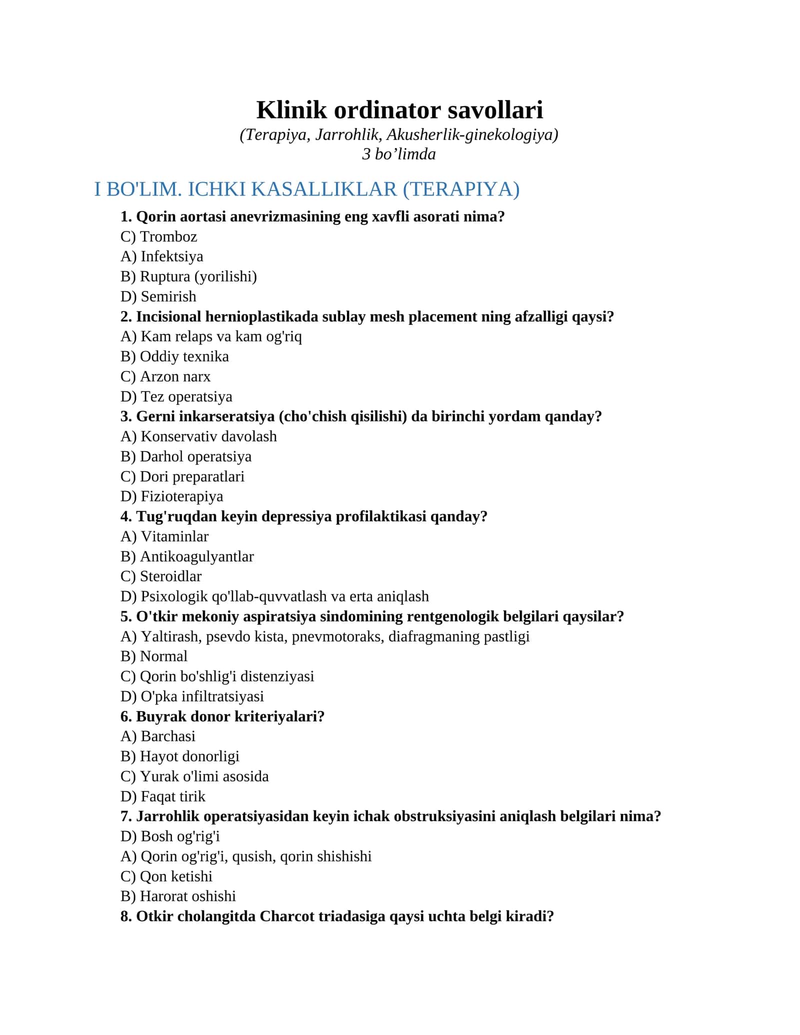 Klinik ordinator savollari 1