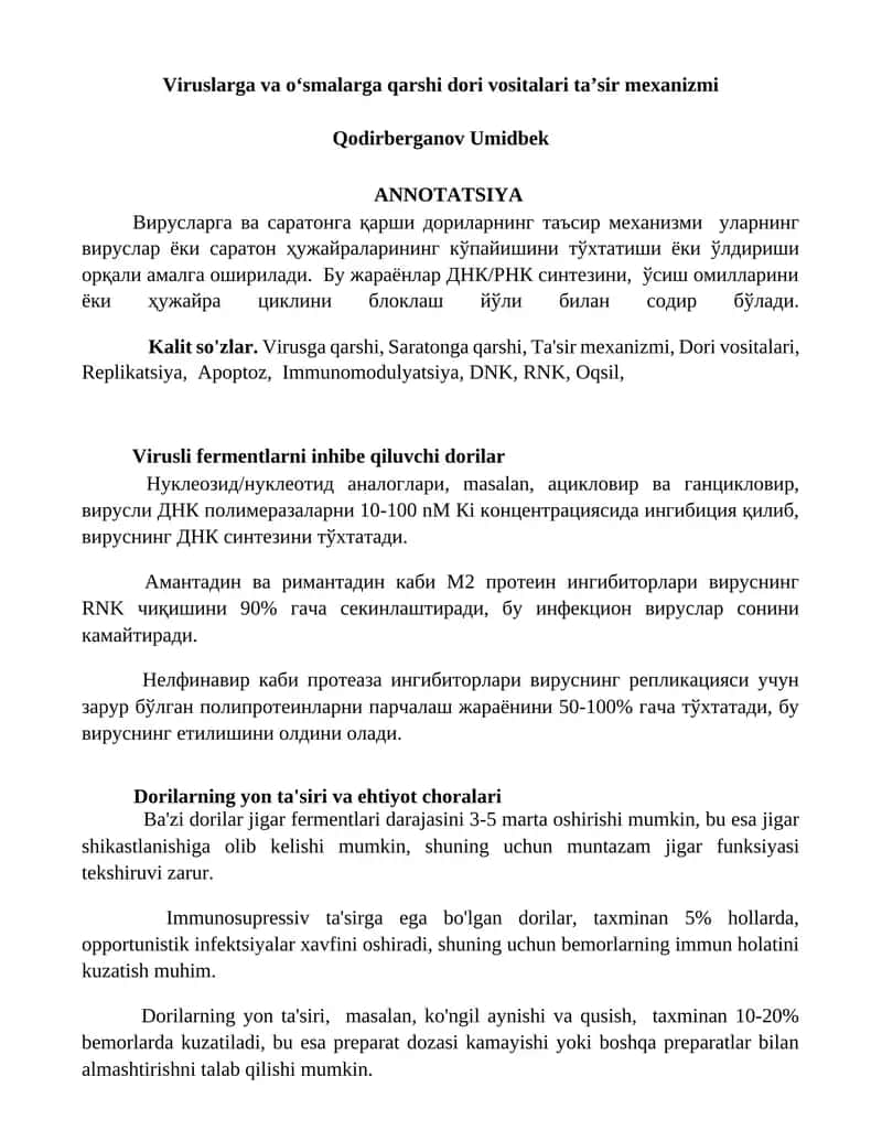 Viruslarga va oʻsmalarga qarshi dori vositalari taʼsir mexanizmi 1
