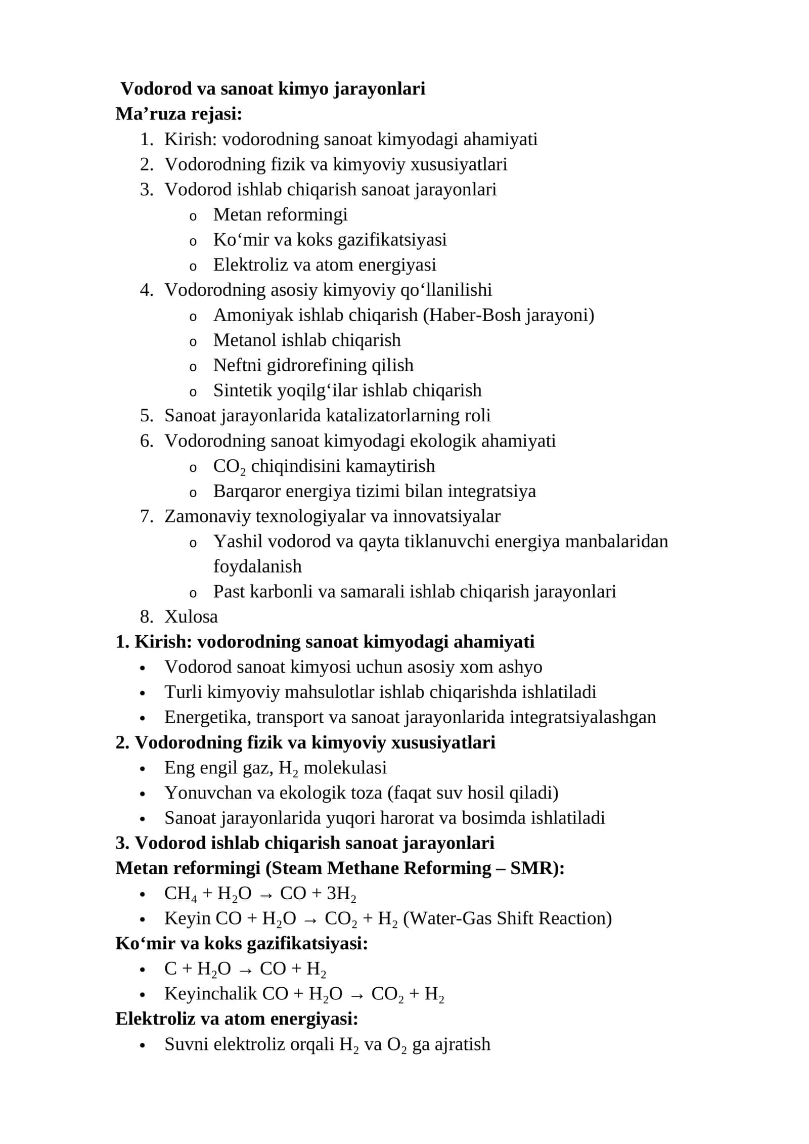 Vodorod va sanoat kimyo jarayonlari 1
