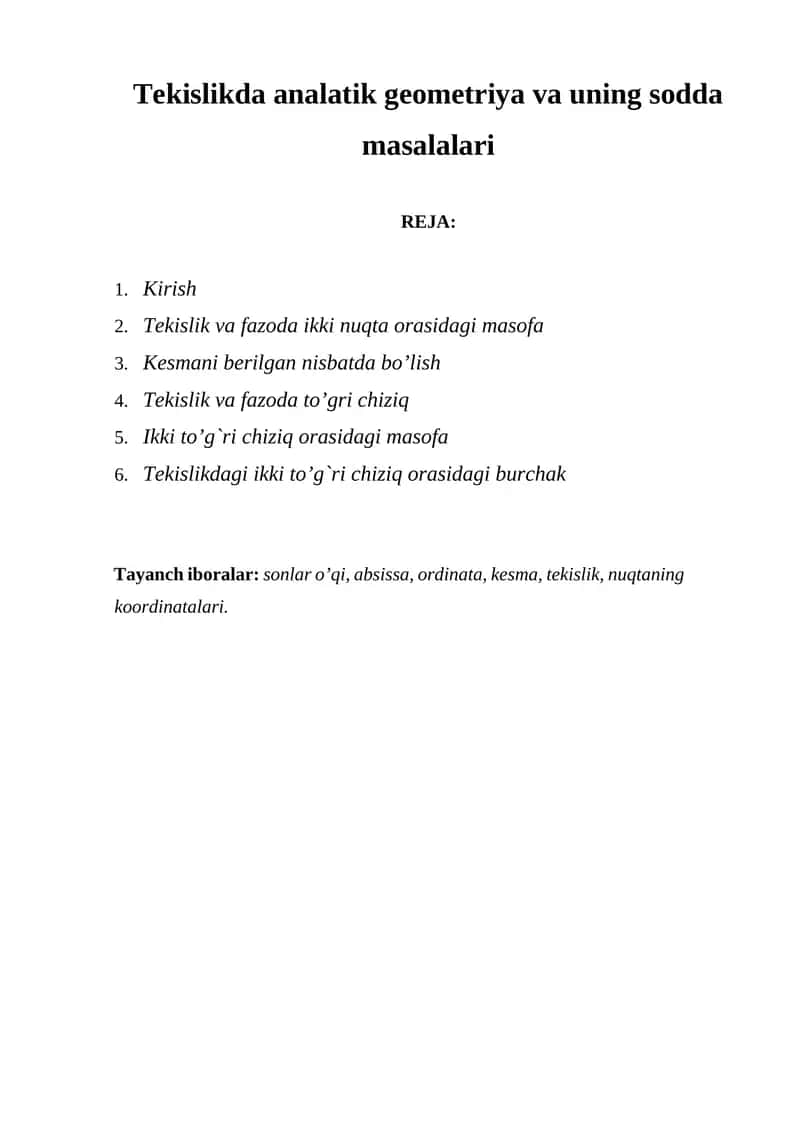 Tekislikda analatik geometriya va uning sodda masalalari 1