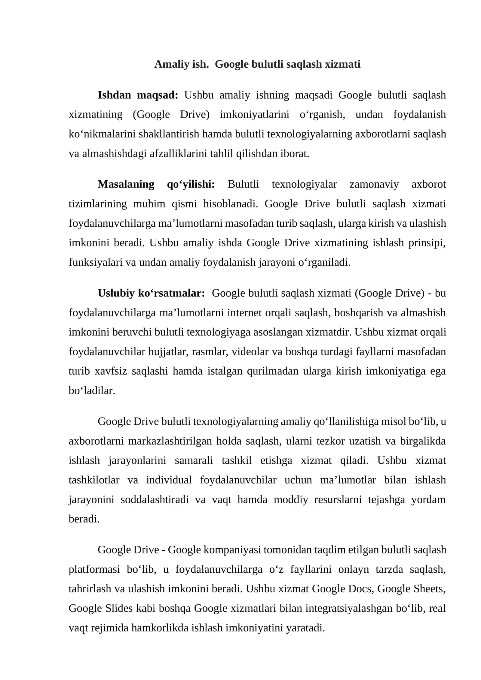 Amaliy ish. Google bulutli saqlash xizmati 1