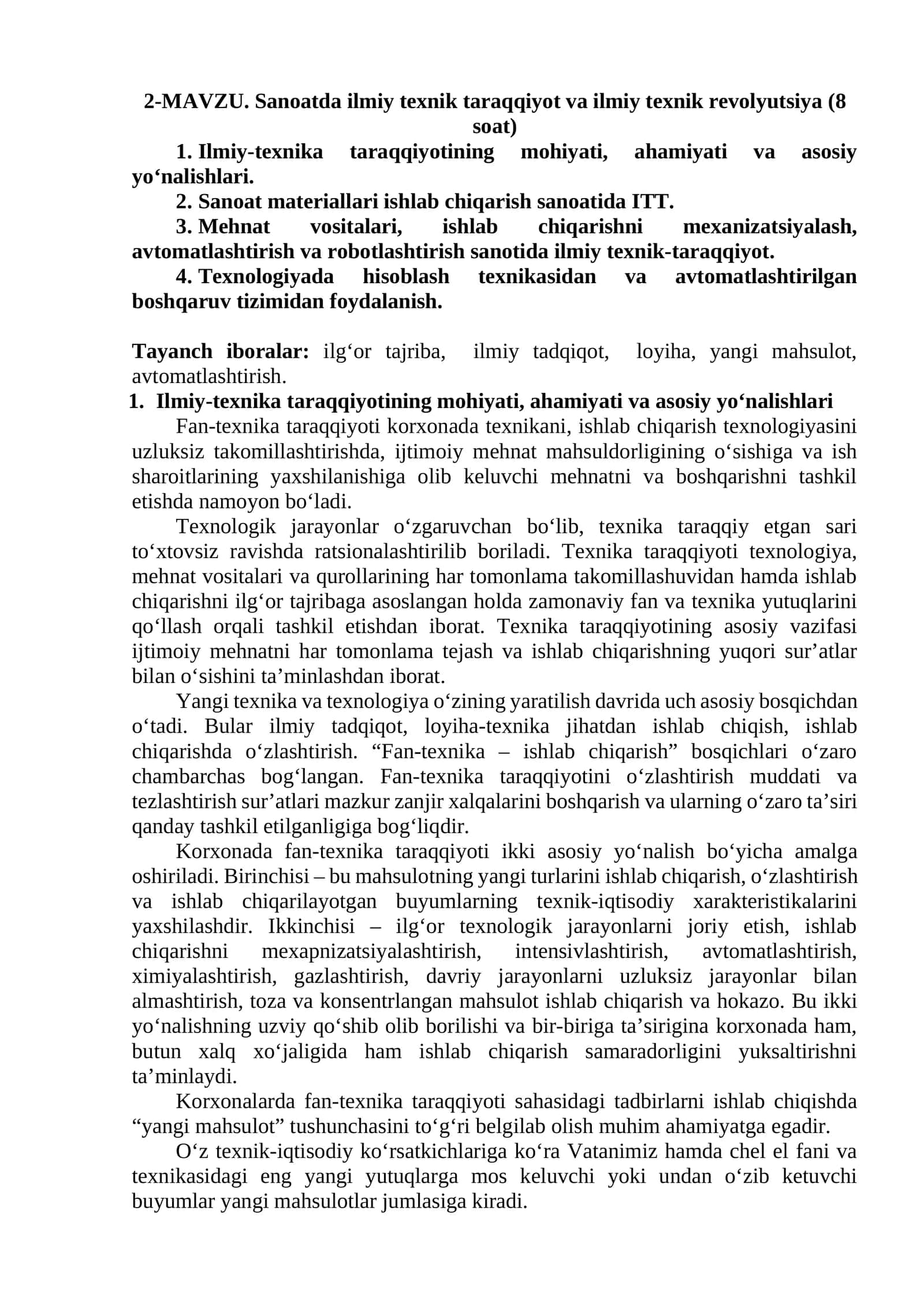 Sanoatda ilmiy texnik taraqqiyot va ilmiy texnik revolyutsiya 1