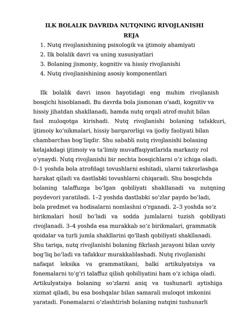 ILK BOLALIK DAVRIDA NUTQNING RIVOJLANISHI