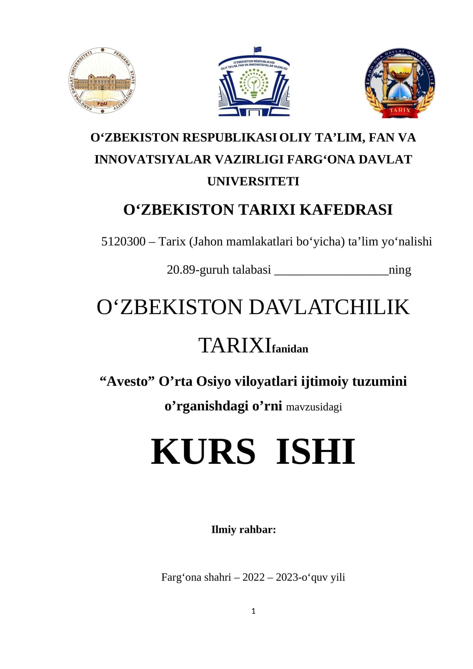“Avesto” O’rta Osiyo viloyatlari ijtimoiy tuzumini o’rganishdagi o’rni mavzusidagi KURS ISHI 1