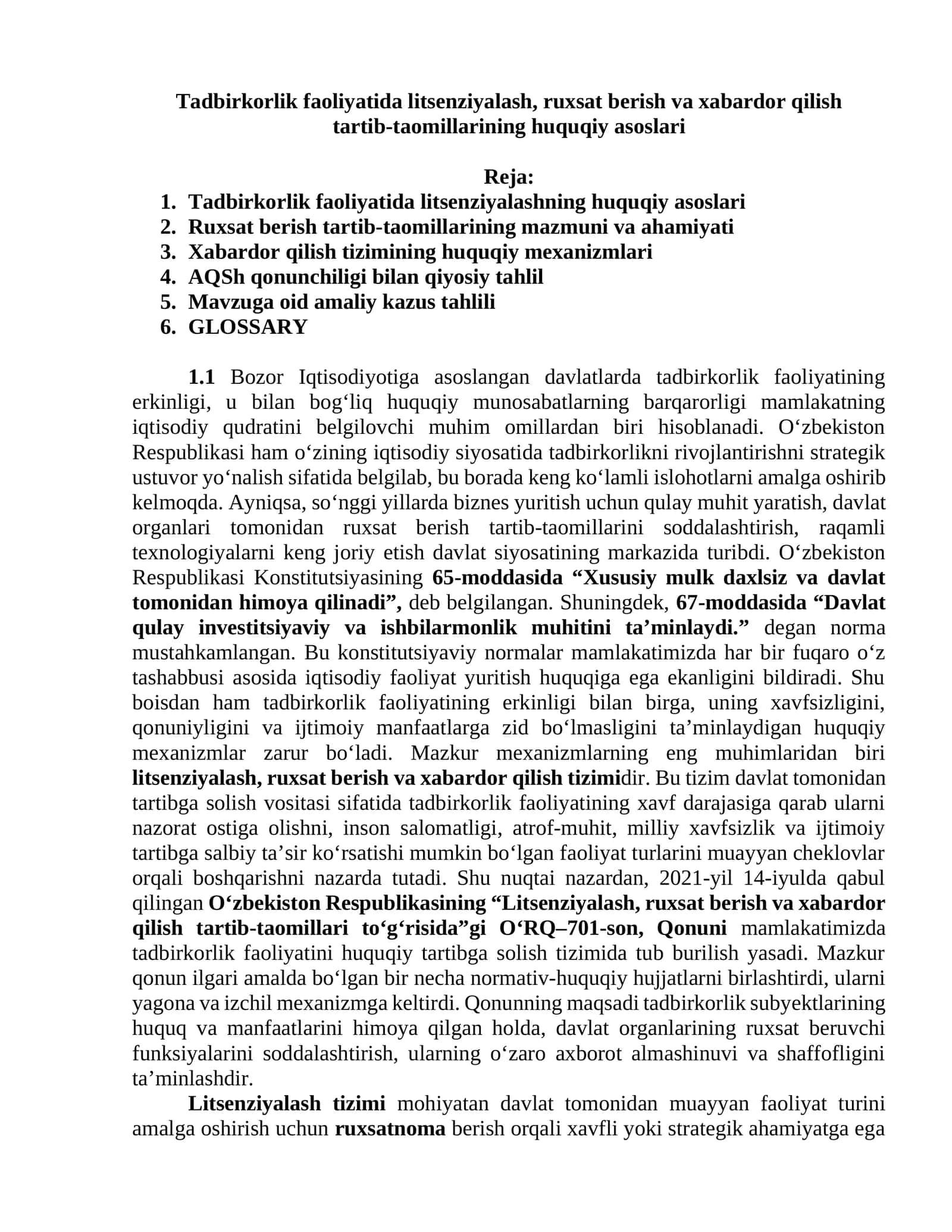 TADBIRKORLIK FAOLIYATIDA LITSENZIYALASH, RUXSAT BERISH VA XABARDOR QILISH         TARTIB-TAOMILLARINING HUQUQIY ASOSLARI 1