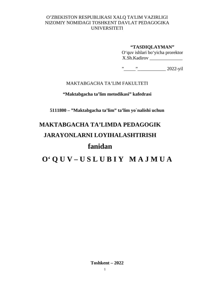 Maktabgacha ta’limda pedagogik jarayonlarni loyihalashtirish 1