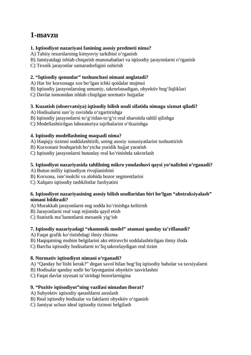 Iqtisod nazariyasi fanidan 150 ta test savollari va javoblari 1