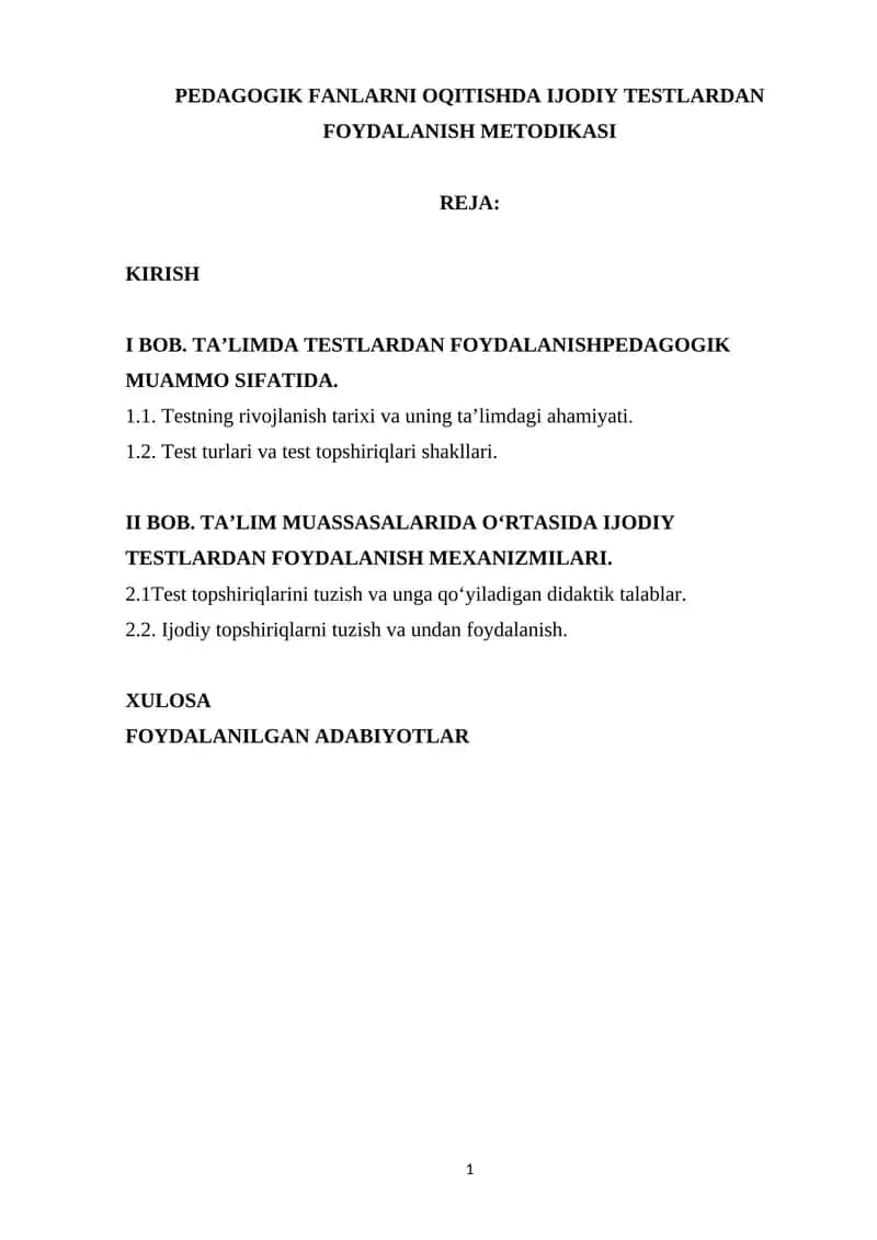 PEDAGOGIK FANLARNI OQITISHDA IJODIY TESTLARDAN FOYDALANISH METODIKASI 1