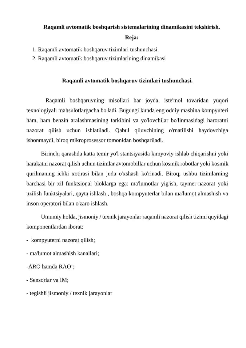 Raqamli avtomatik boshqaruv tizimlari 1