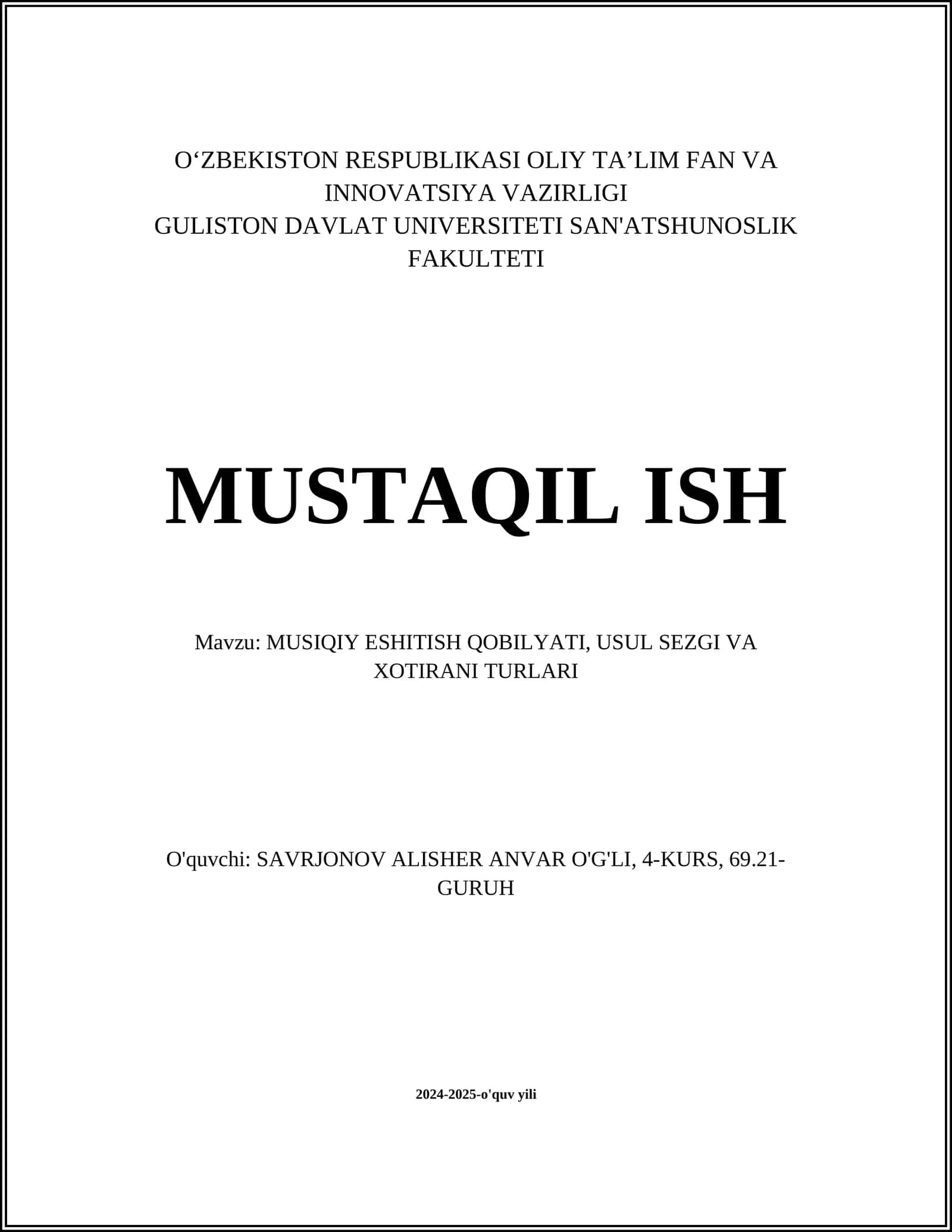 MUSIQIY ESHITISH QOBILYATI, USUL SEZGI VA XOTIRANI TURLARI 1