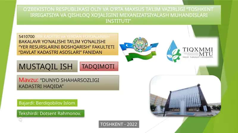 "DUNYO SHAHARSOZLIGI KADASTRI HAQIDA" 1