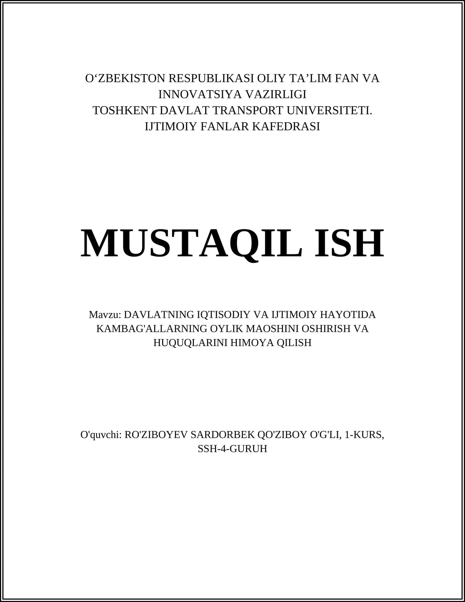 DAVLATNING IQTISODIY VA IJTIMOIY HAYOTIDA KAMBAG'ALLARNING OYLIK MAOSHINI OSHIRISH VA HUQUQLARINI HIMOYA QILISH 1