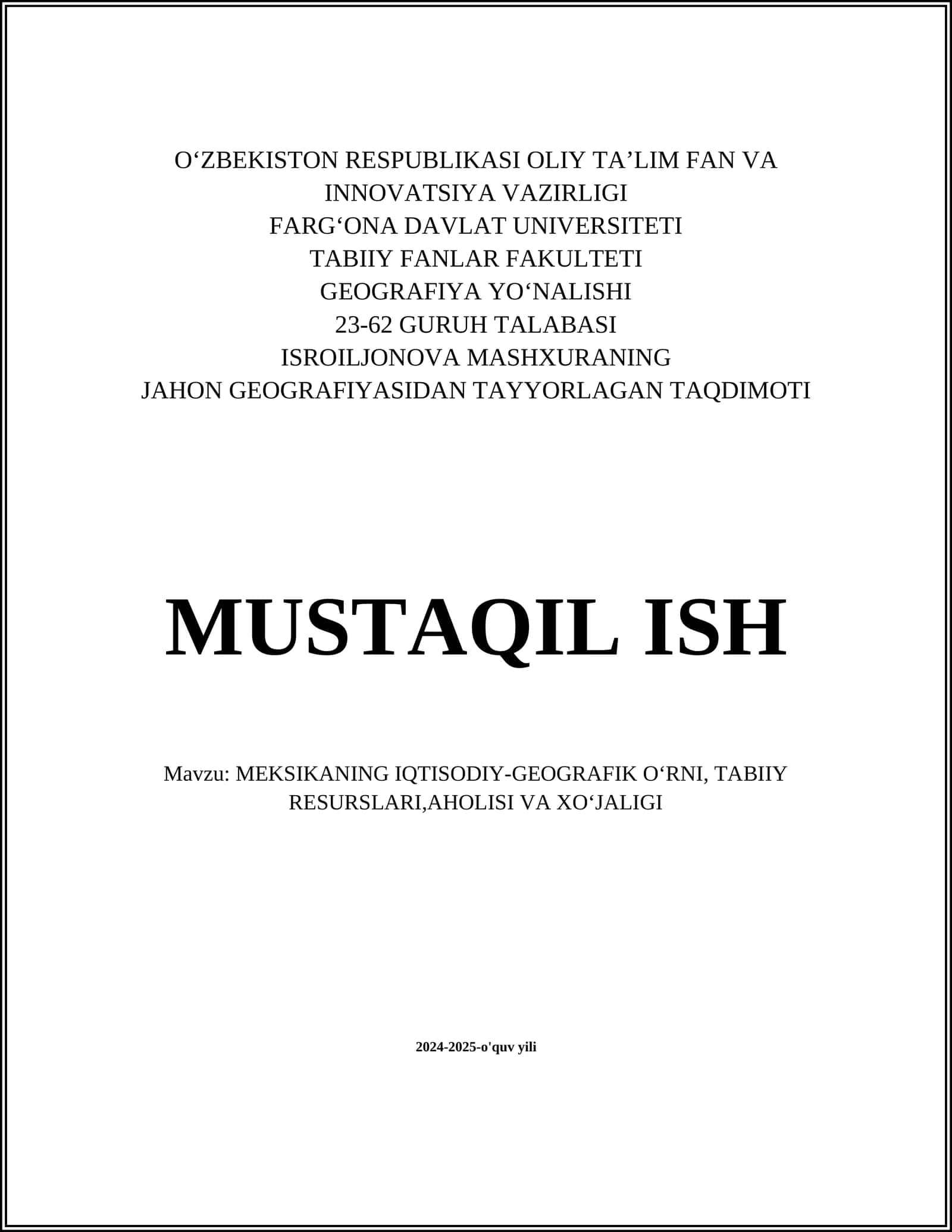 ISROILJONOVA MASHXURANING JAHON GEOGRAFIYASIDAN TAYYORLAGAN TAQDIMOTI 1