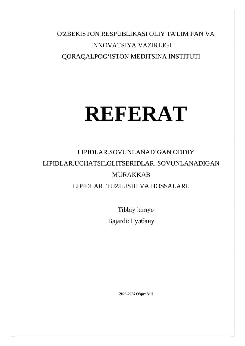 Oddiy lipidlar. Uchatsilglitseridlarning energiya saqlashdagi roli 1