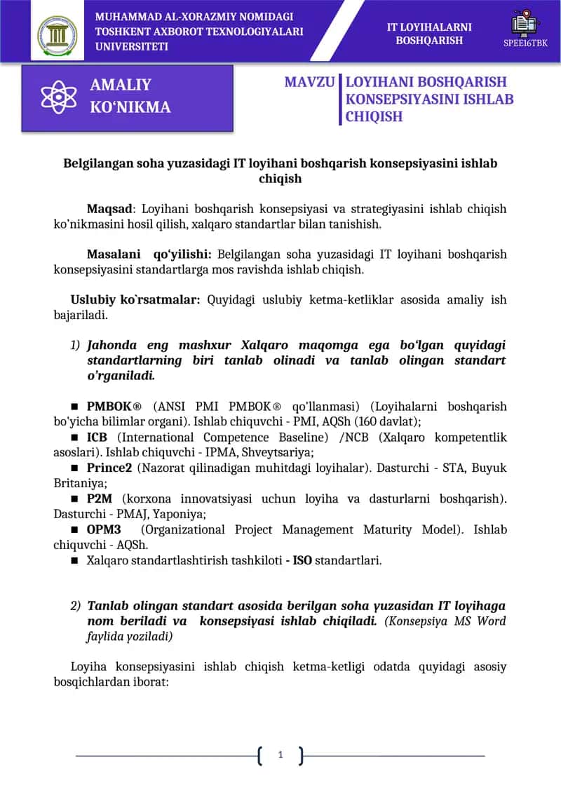LOYIHANI BOSHQARISH KONSEPSIYASINI ISHLAB CHIQISH 1