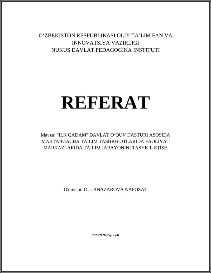 "ILK QADAM" DAVLAT OʻQUV DASTURI 1