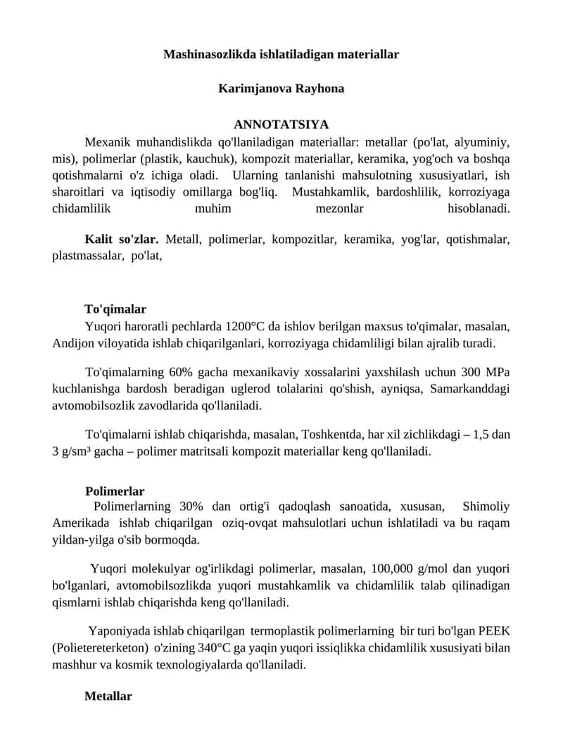 Mashinasozlikda ishlatiladigan materiallar 1
