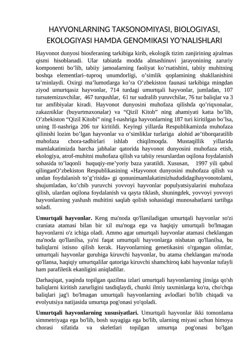 HAYVONLARNING TAKSONOMIYASI, BIOLOGIYASI, EKOLOGIYASI HAMDA GENOMIKASI YO’NALISHLARI 1