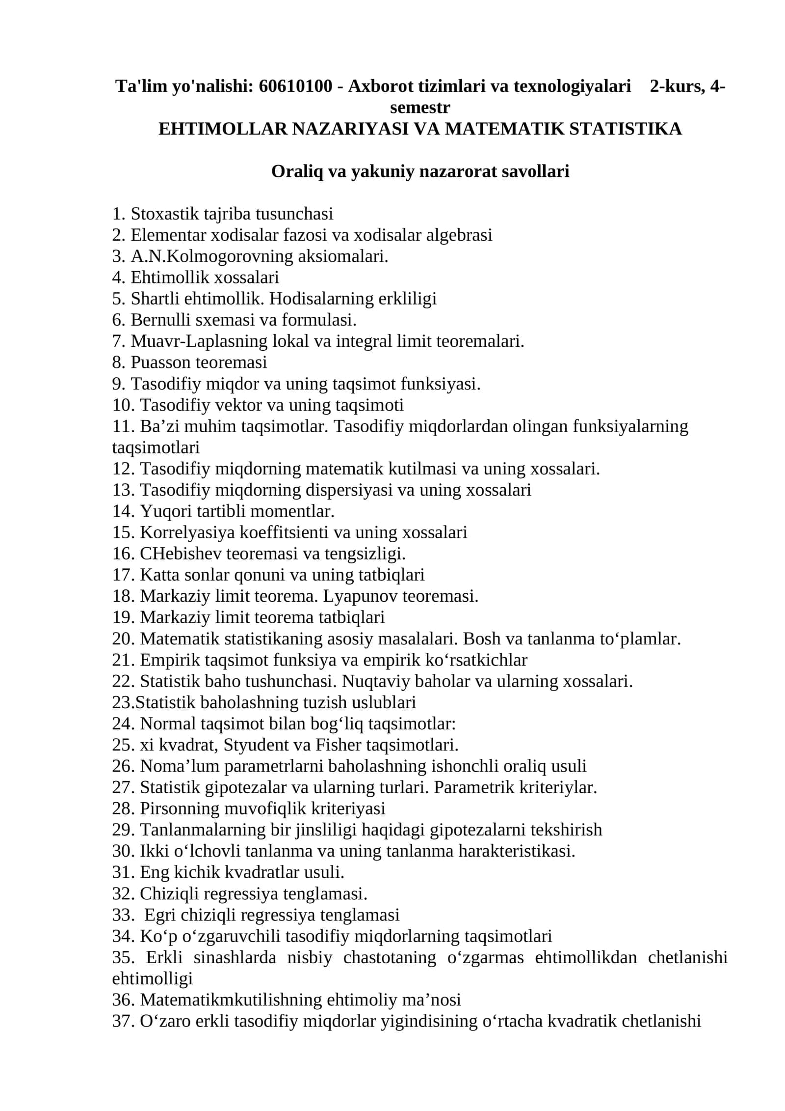 EHTIMOLLAR NAZARIYASI VA MATEMATIK STATISTIKA 1