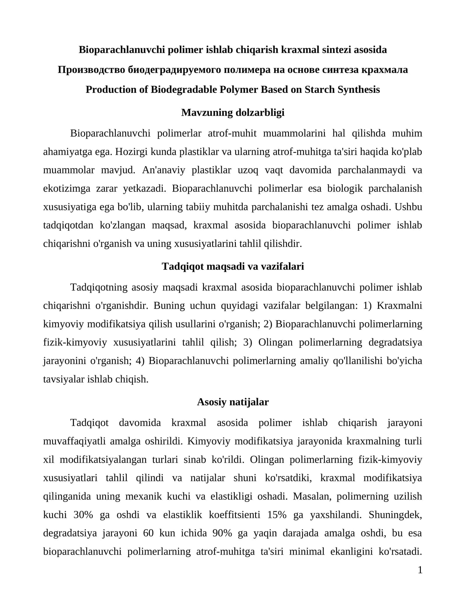 Bioparachlanuvchi polimer ishlab chiqarish kraxmal sintezi asosida 1